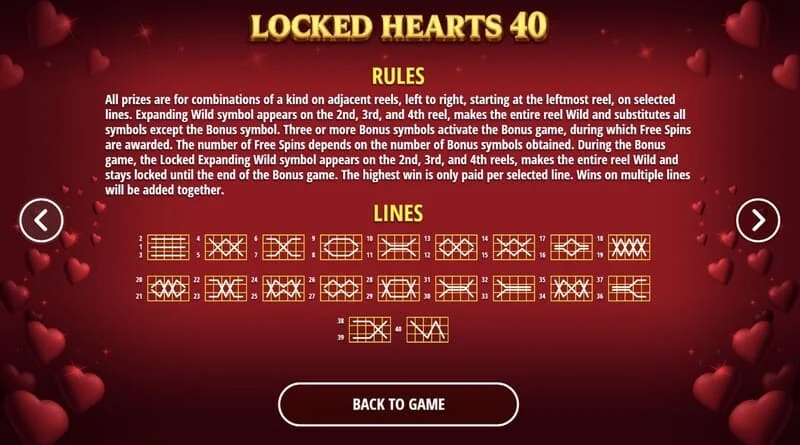 Locked Hearts 40 - linhas vencedoras nos rolos